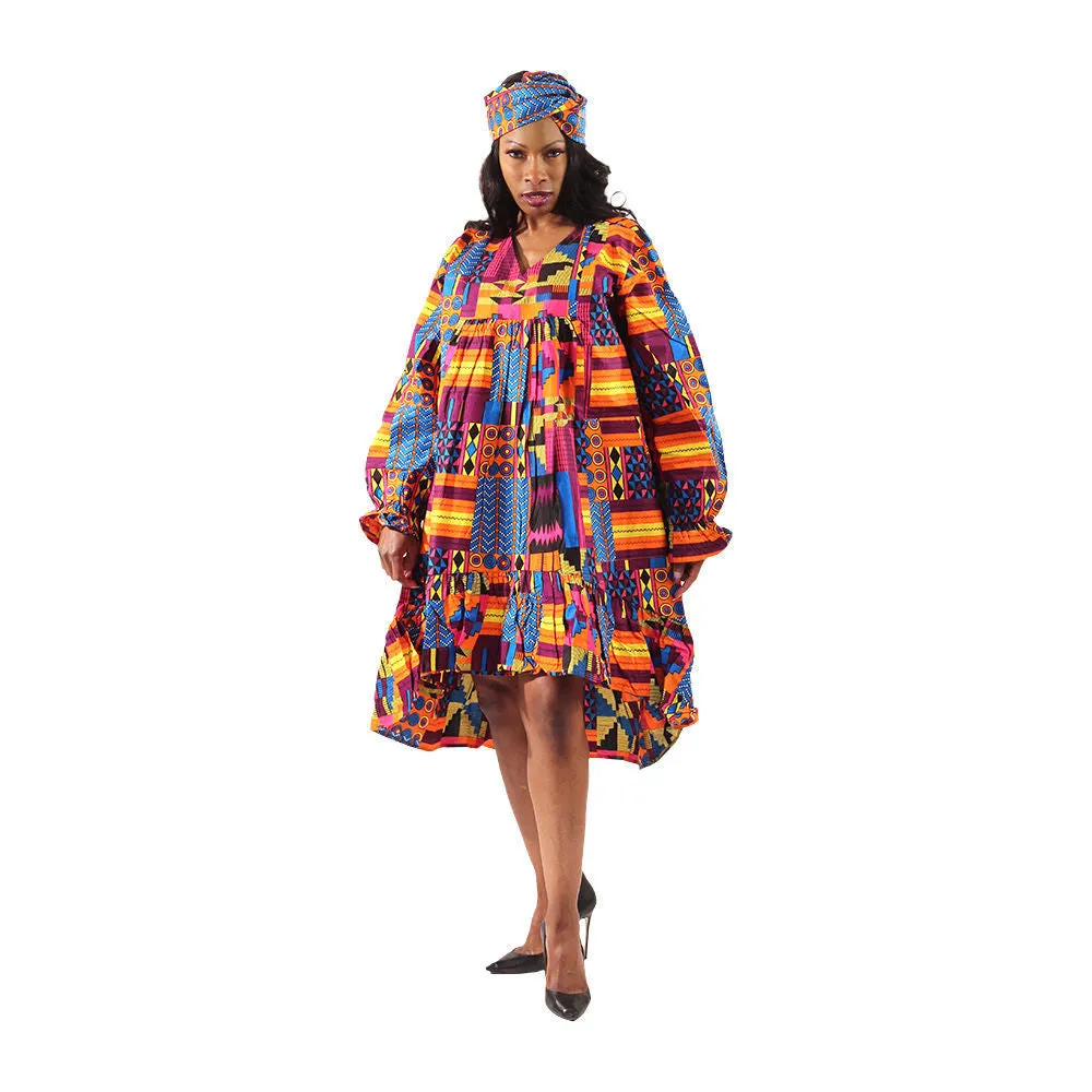 Bright Kente Print Pleated Frill Dress