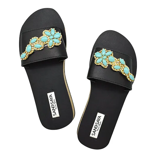 Brooklyn-Turquoise Flower-Waterproof Espadrille Rhine Stone Embellished Flat Sandal