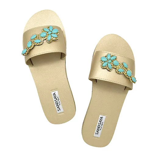 Brooklyn-Turquoise Flower-Waterproof Espadrille Rhine Stone Embellished Flat Sandal