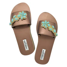 Brooklyn-Turquoise Flower-Waterproof Espadrille Rhine Stone Embellished Flat Sandal