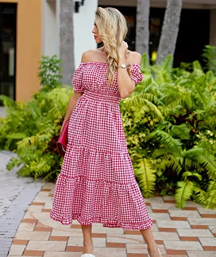 BTFBM Women Casual Short Sleeve Plaid Maxi Dresses Off Shoulder Vintage Dress Square Neck Gingham Beach Long Summer Dress (Medium, Plaid Red)