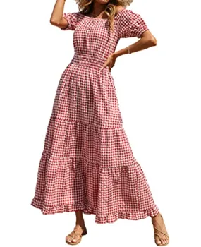 BTFBM Women Casual Short Sleeve Plaid Maxi Dresses Off Shoulder Vintage Dress Square Neck Gingham Beach Long Summer Dress (Medium, Plaid Red)