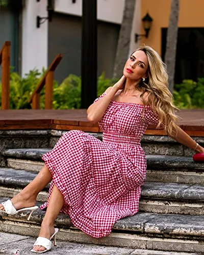 BTFBM Women Casual Short Sleeve Plaid Maxi Dresses Off Shoulder Vintage Dress Square Neck Gingham Beach Long Summer Dress (Medium, Plaid Red)