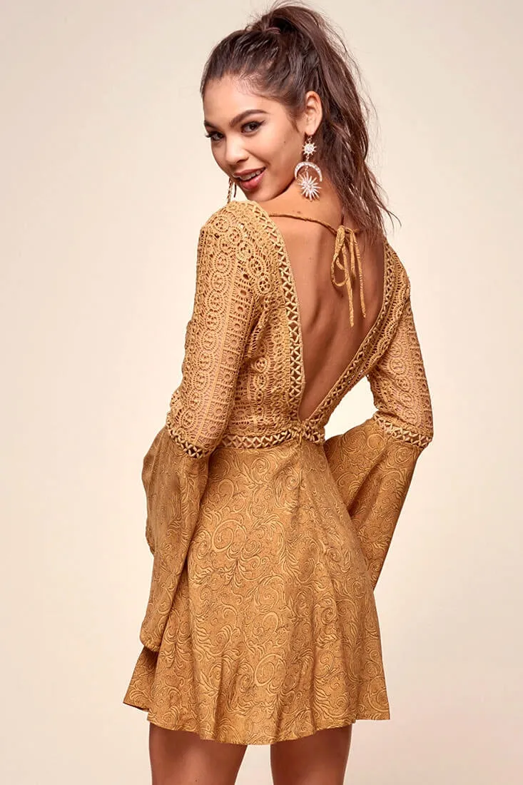 Carson Crochet Bell Sleeve Dress Tan