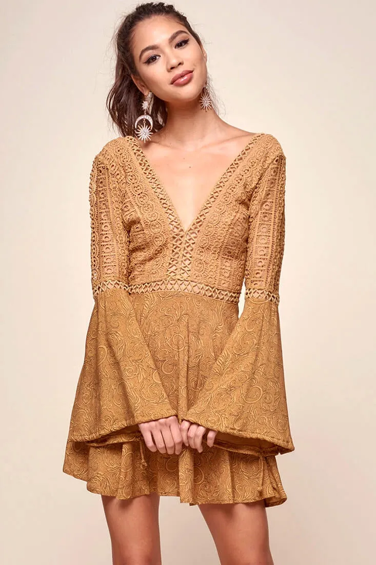 Carson Crochet Bell Sleeve Dress Tan