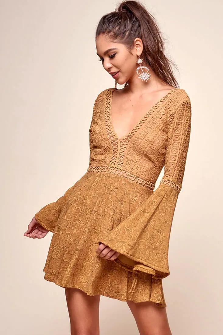 Carson Crochet Bell Sleeve Dress Tan