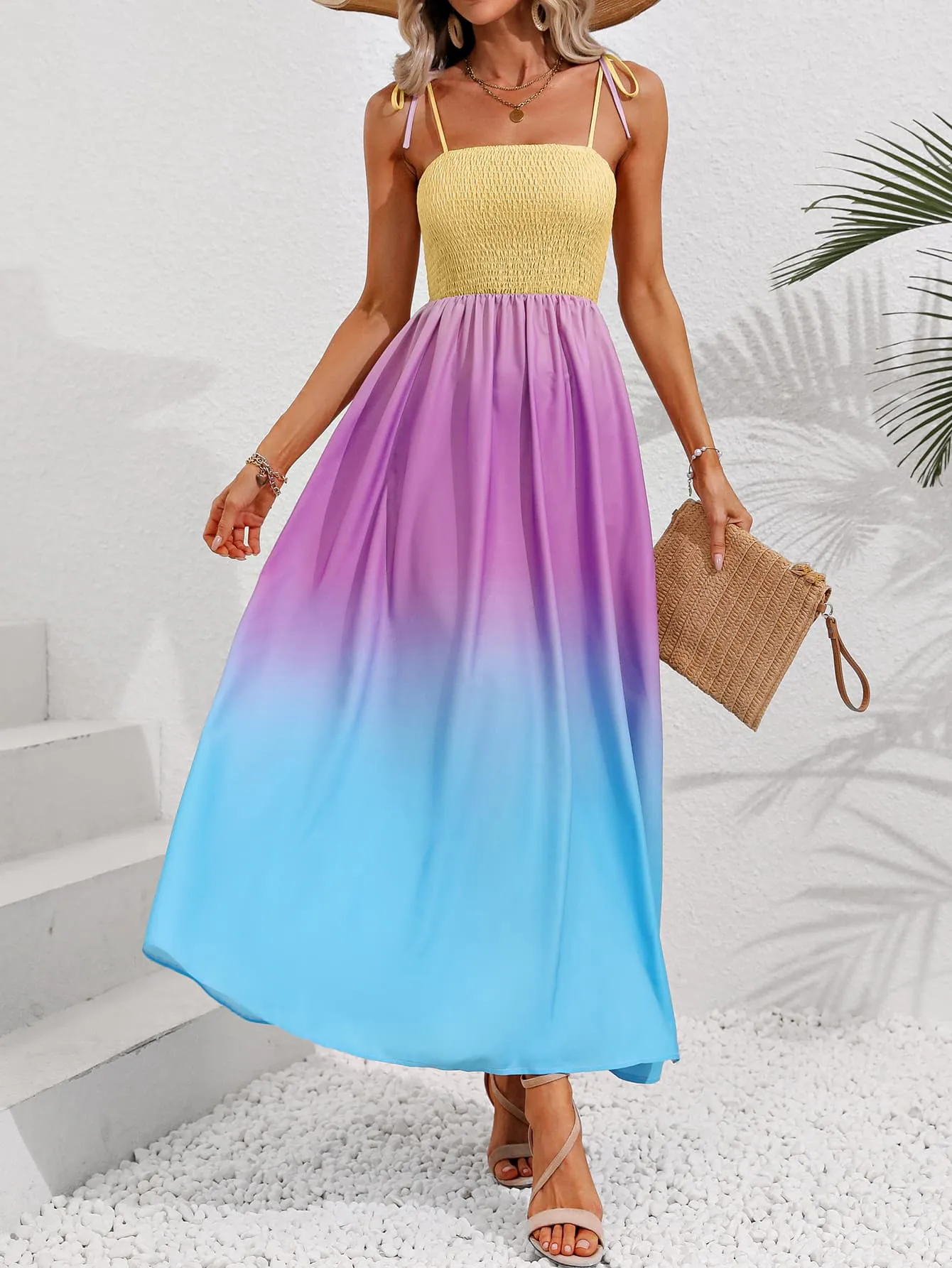 Colorful Ombre Rainbow Self-Tie Shoulder Smocked Bodice Summer Maxi Dress