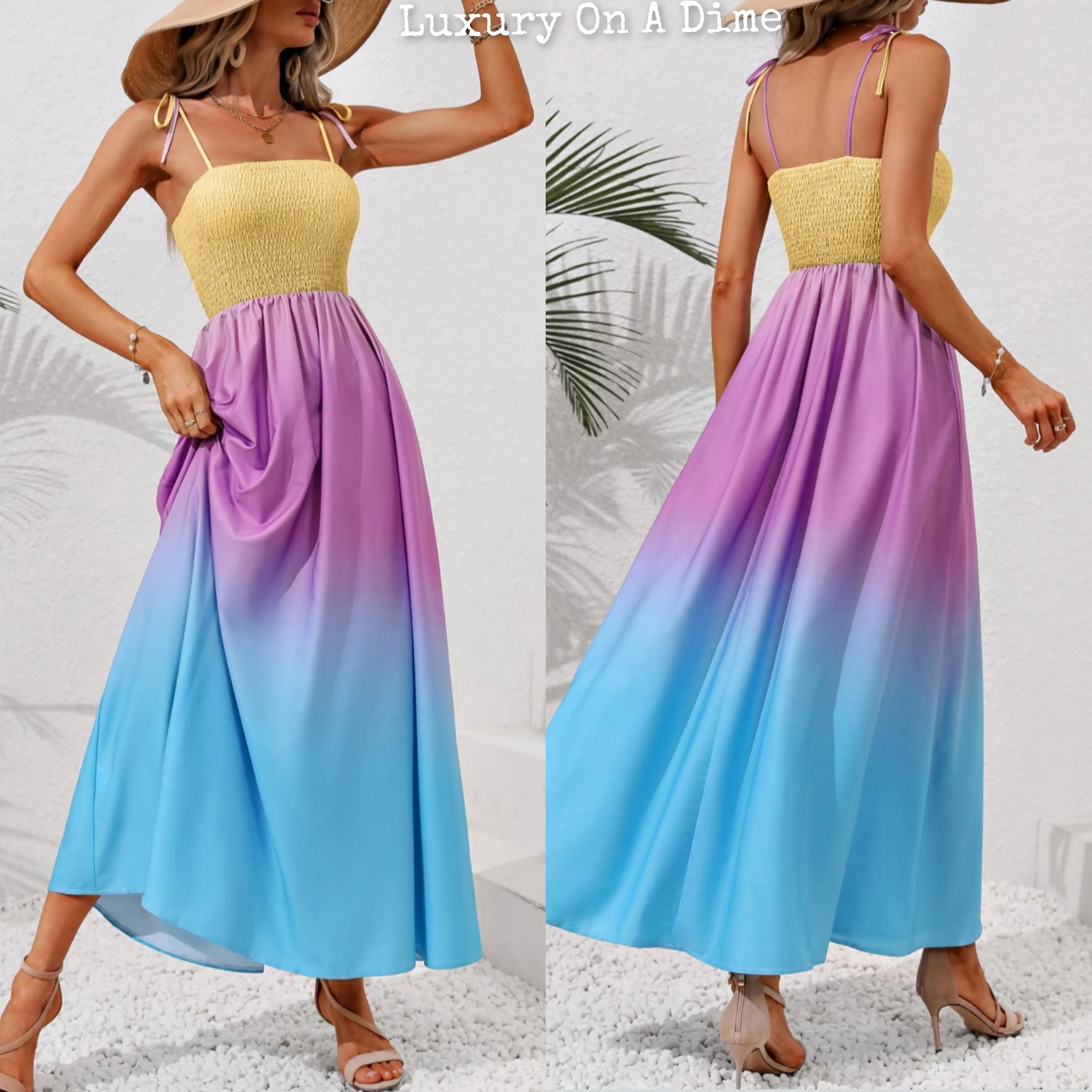 Colorful Ombre Rainbow Self-Tie Shoulder Smocked Bodice Summer Maxi Dress