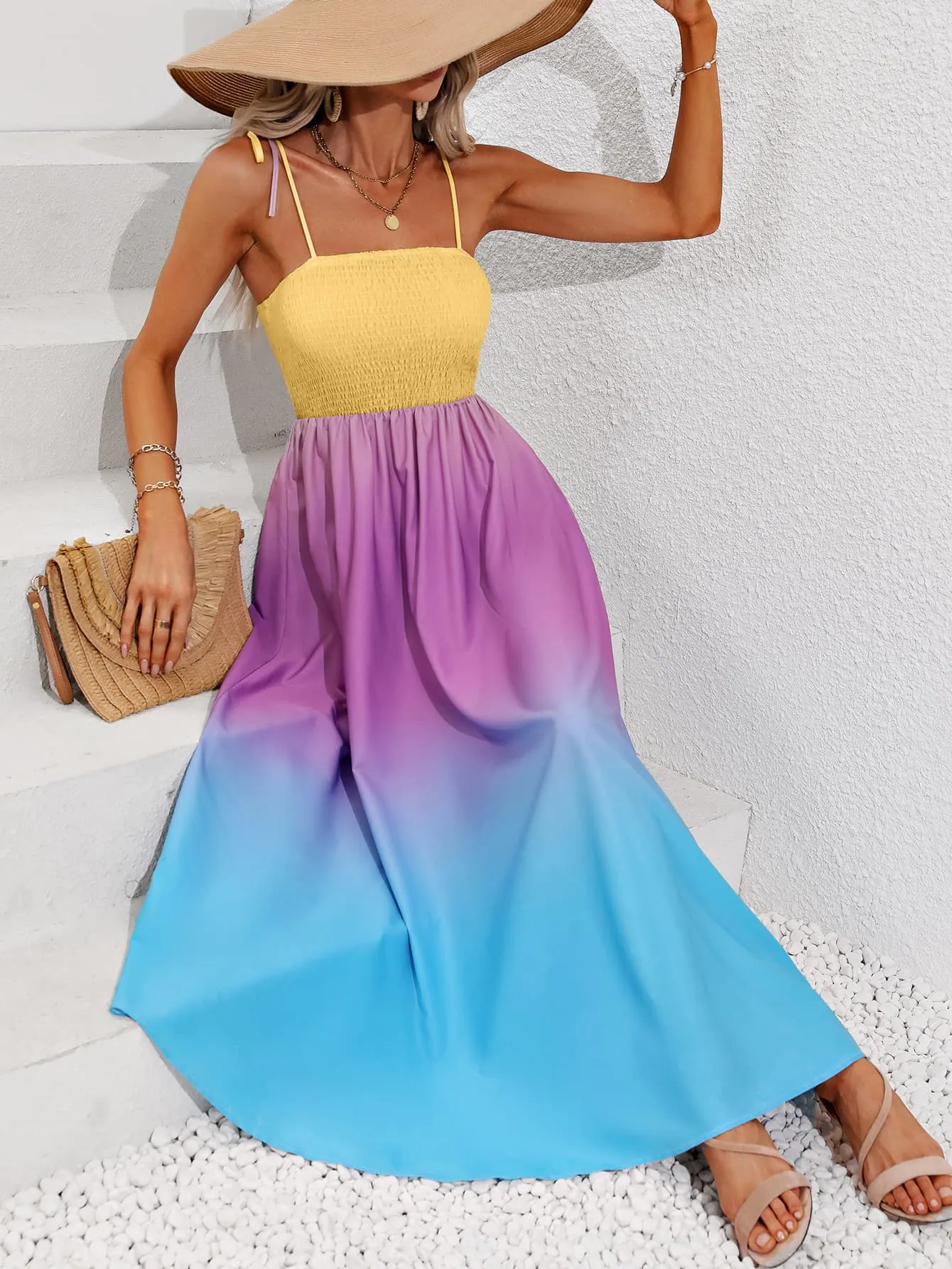 Colorful Ombre Rainbow Self-Tie Shoulder Smocked Bodice Summer Maxi Dress