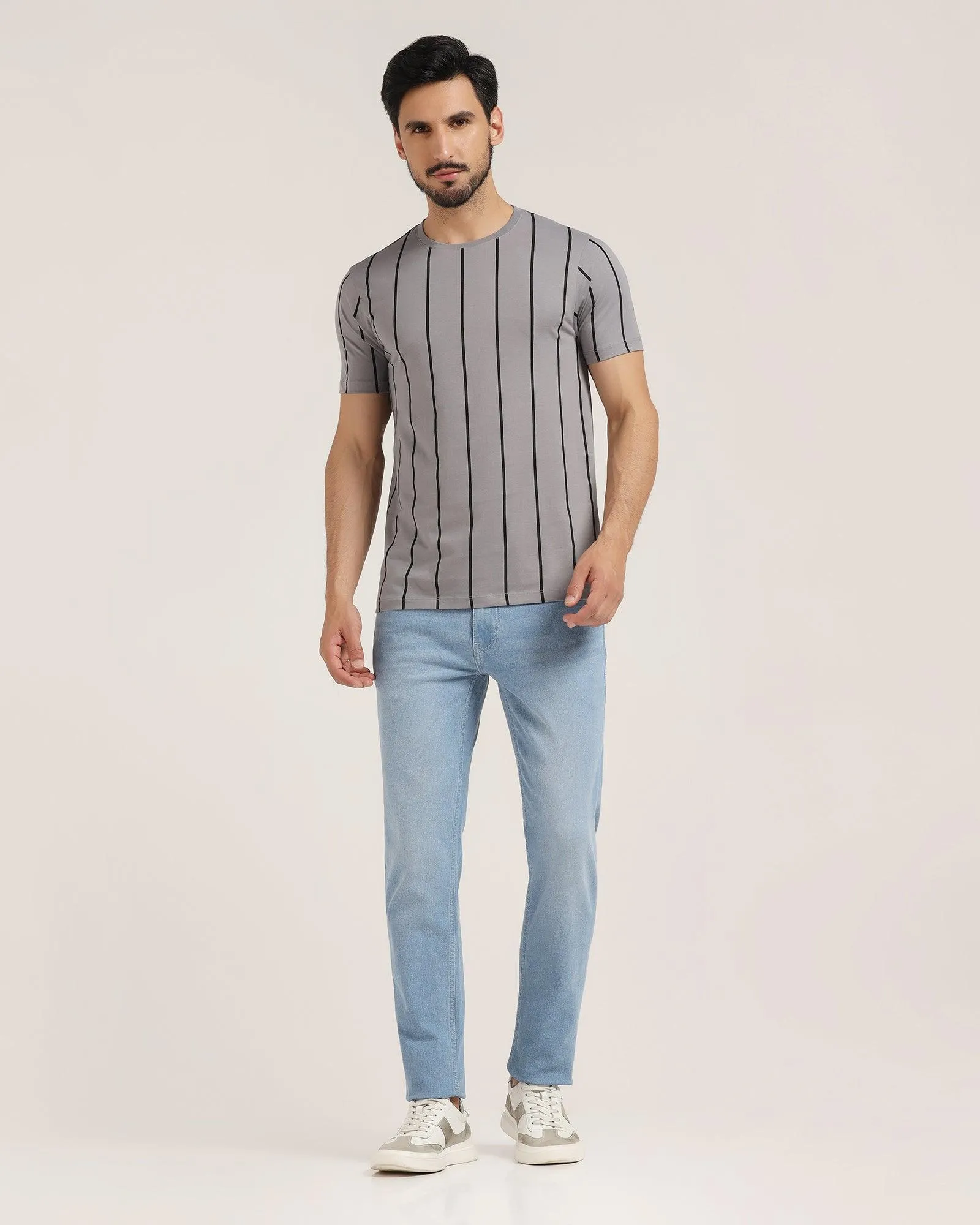 Crew Neck Taupe Grey Stripe T-Shirt - Ginger