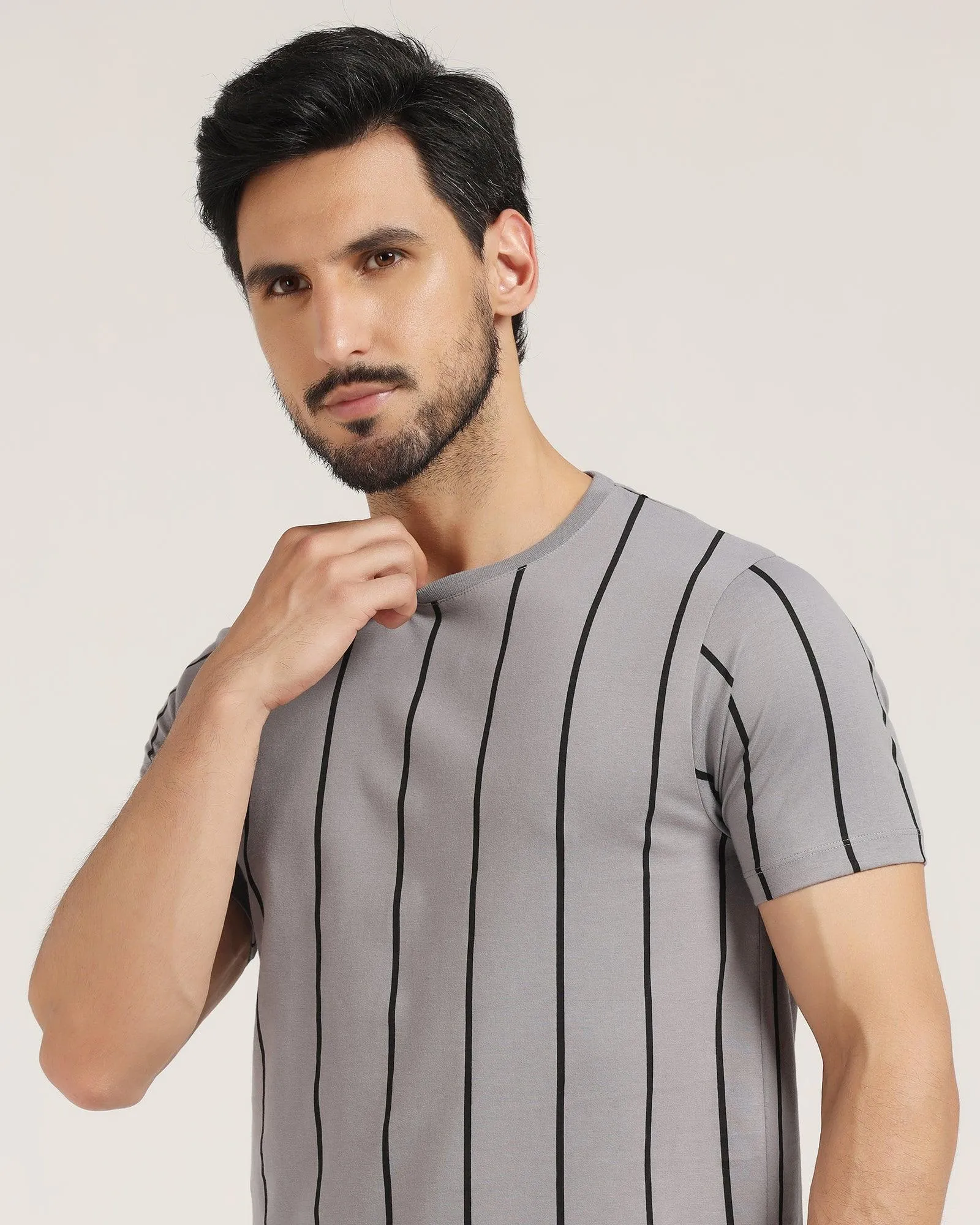 Crew Neck Taupe Grey Stripe T-Shirt - Ginger