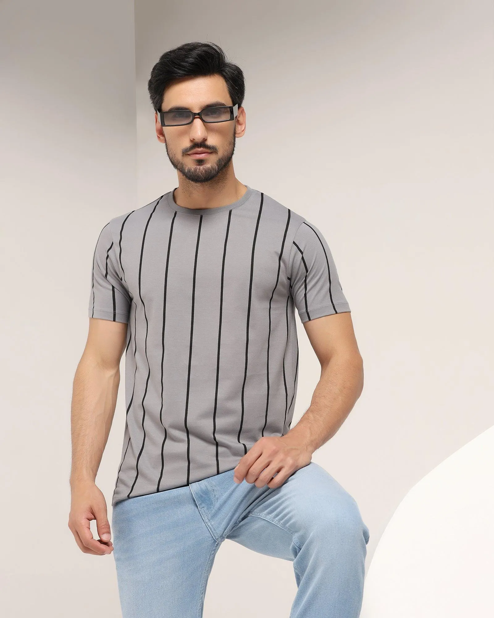 Crew Neck Taupe Grey Stripe T-Shirt - Ginger