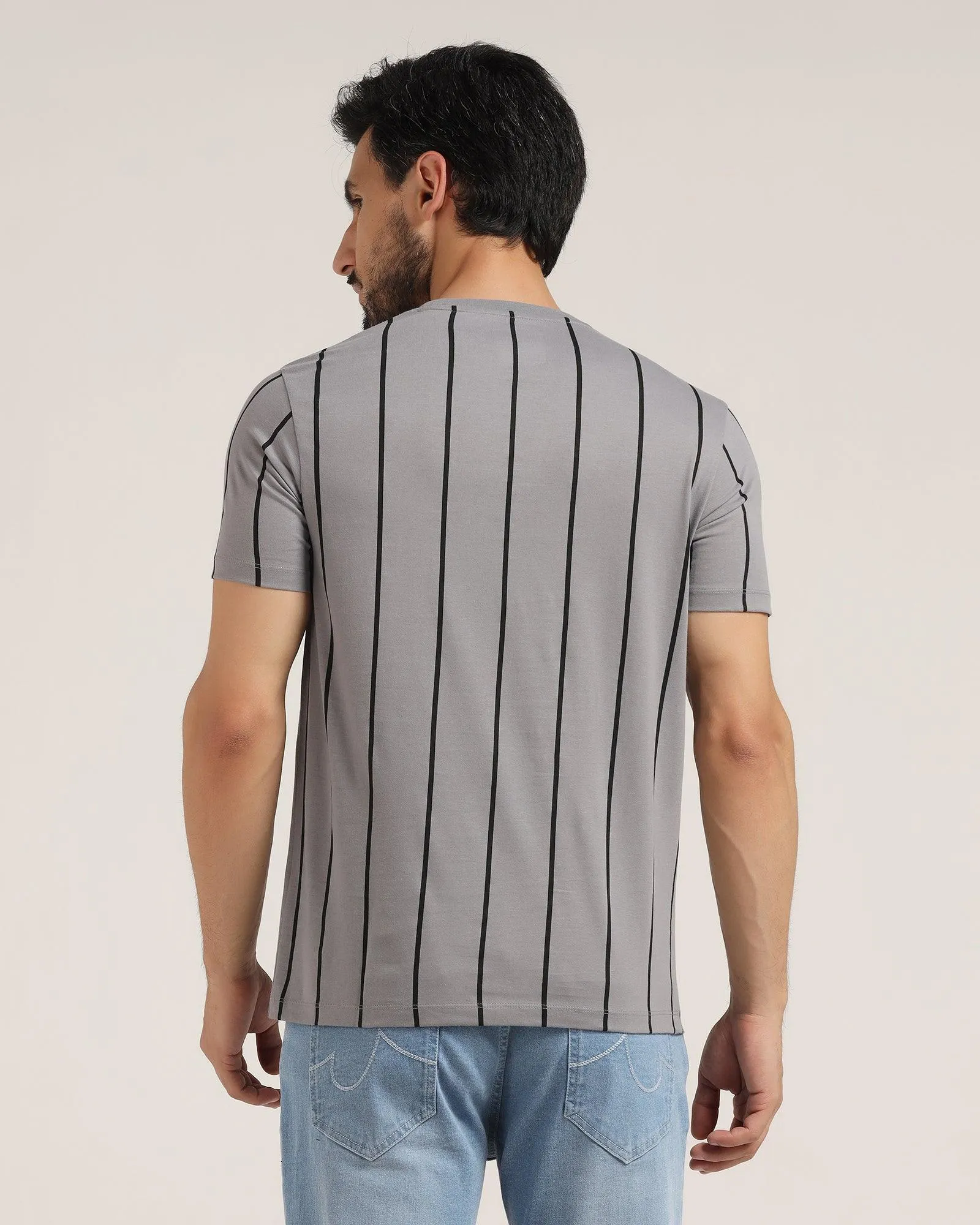 Crew Neck Taupe Grey Stripe T-Shirt - Ginger