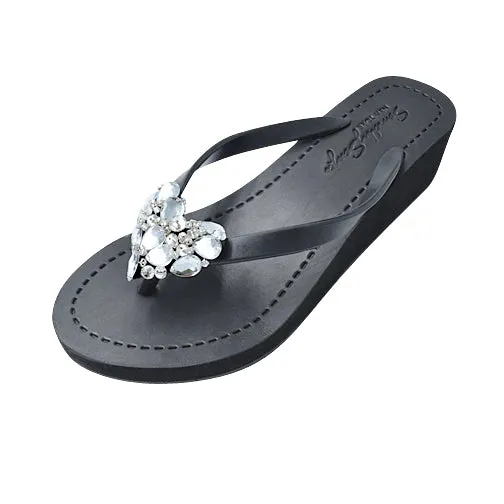 Crystal Heart - Rhinestone Mid Wedge Flip Flops Womens Embellished Sandals