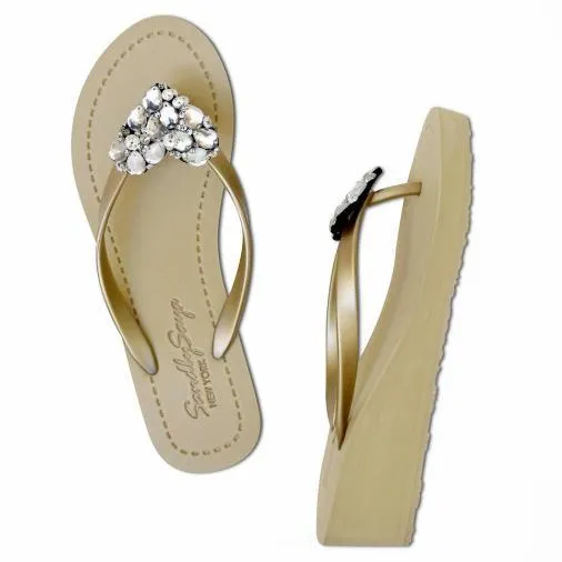 Crystal Heart - Rhinestone Mid Wedge Flip Flops Womens Embellished Sandals