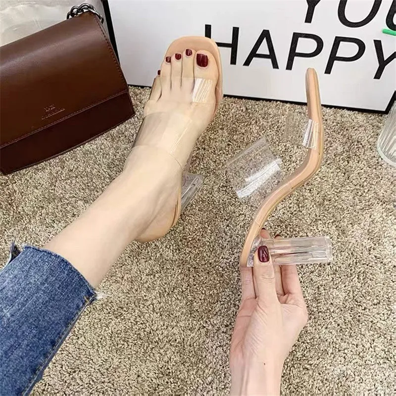 DEANWANGK  2021 New Summer Transparent Sandals Women's Mid Heel Chunky Heel Crystal High Heels Fairy Style Strap Sandals