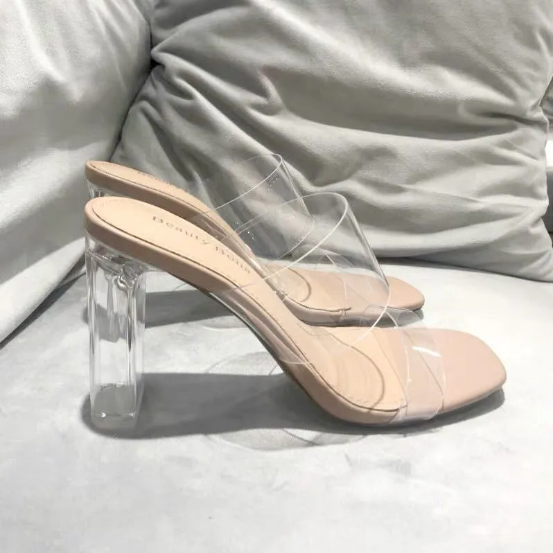 DEANWANGK  2021 New Summer Transparent Sandals Women's Mid Heel Chunky Heel Crystal High Heels Fairy Style Strap Sandals