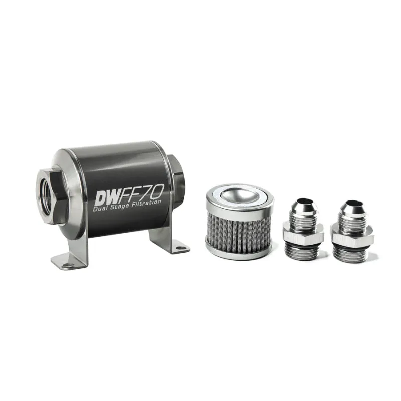 DeatschWerks Fuel Filter - 10 Micron - Stainless Element - 8 AN Male Inlet - 8 AN Male Outlet - 70 mm Long - Aluminum - Titanium