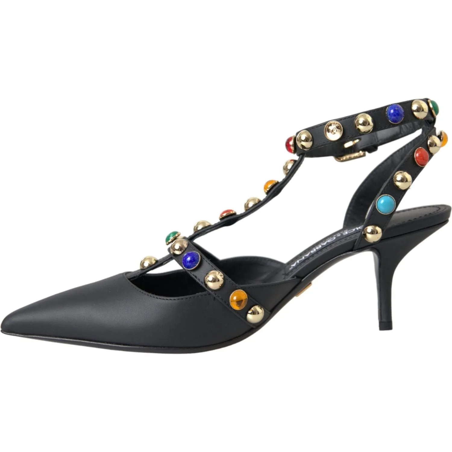 Dolce & Gabbana Black Leather Embellished Heels Sandal Shoes