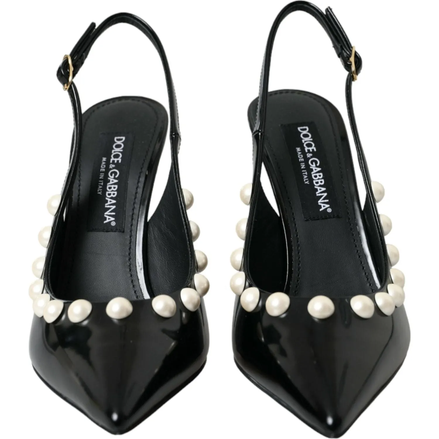 Dolce & Gabbana Black Leather Faux Pearl Heel Slingback Shoes