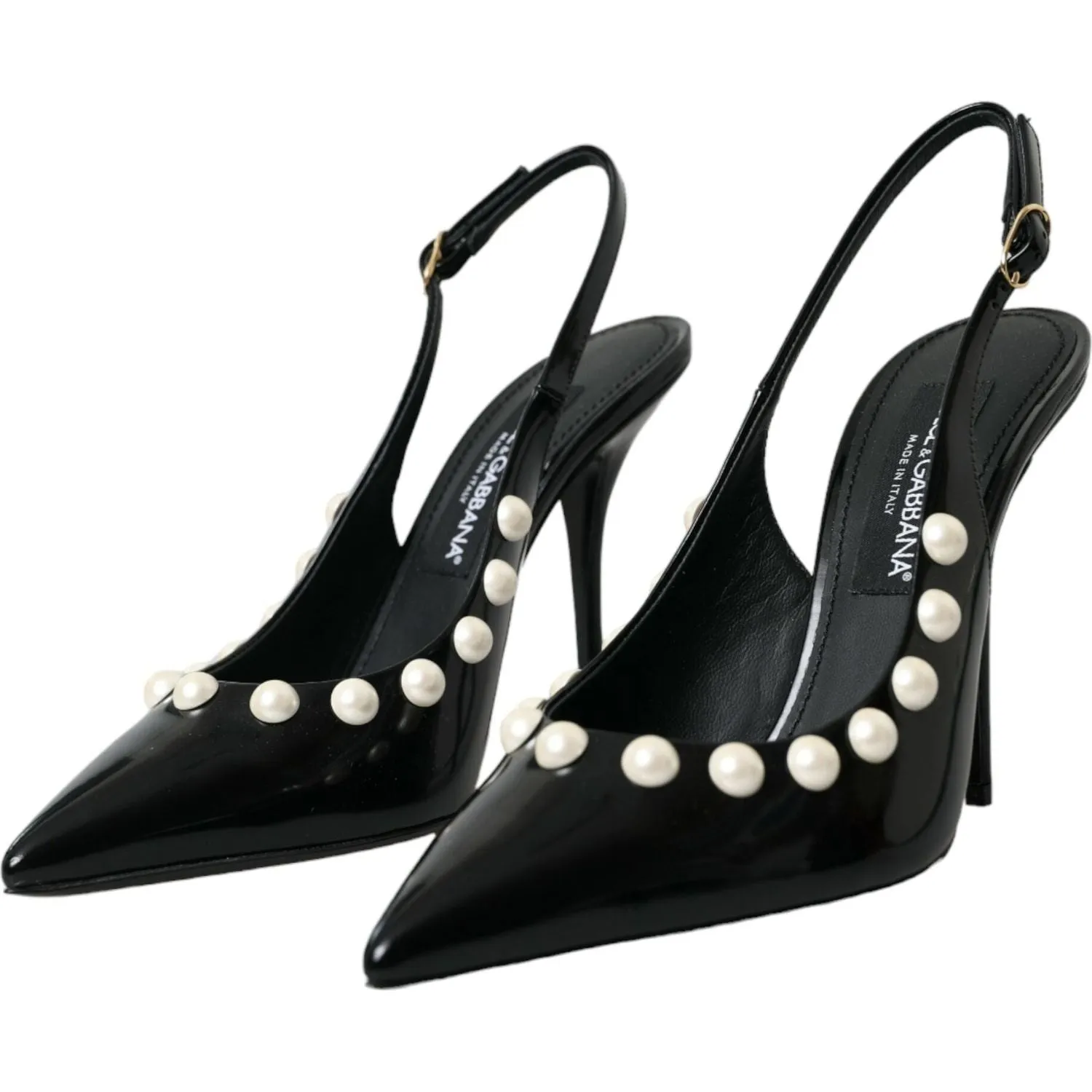 Dolce & Gabbana Black Leather Faux Pearl Heel Slingback Shoes