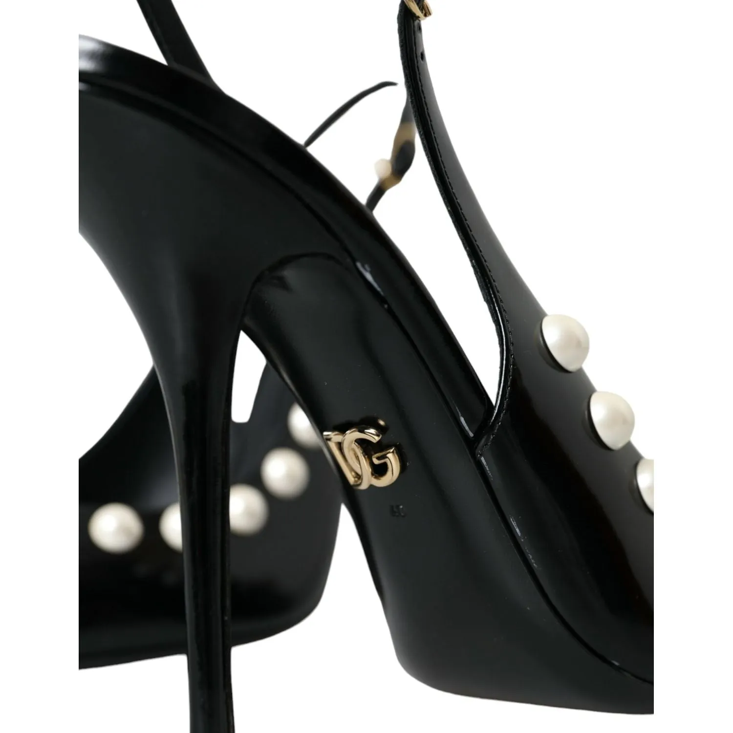 Dolce & Gabbana Black Leather Faux Pearl Heel Slingback Shoes