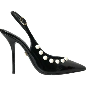 Dolce & Gabbana Black Leather Faux Pearl Heel Slingback Shoes