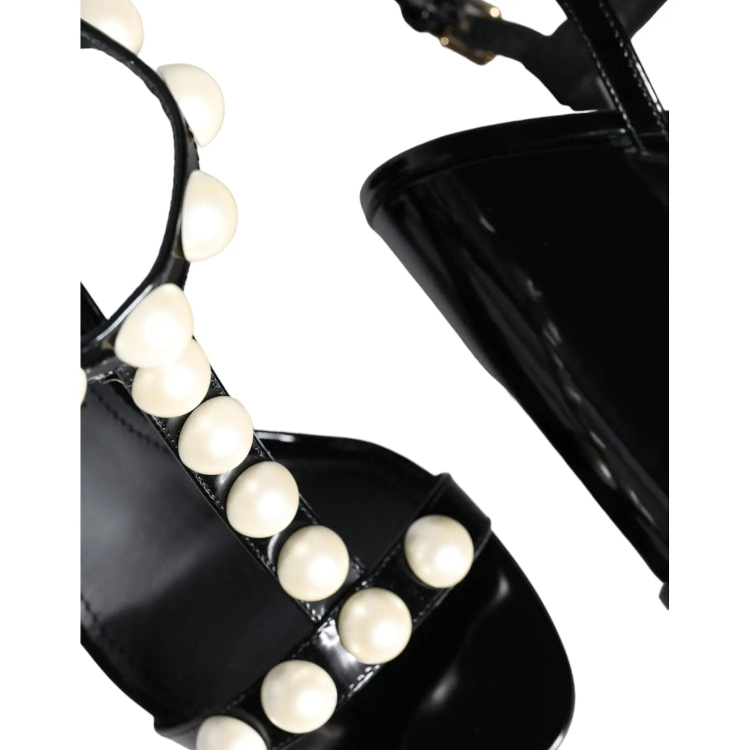 Dolce & Gabbana Black Leather Pearls T-strap Sandals Shoes