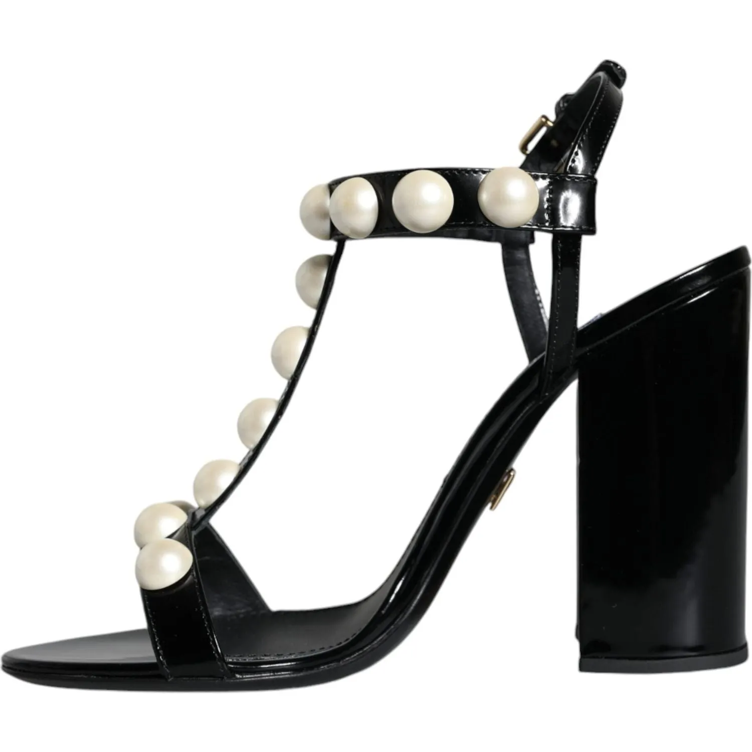 Dolce & Gabbana Black Leather Pearls T-strap Sandals Shoes