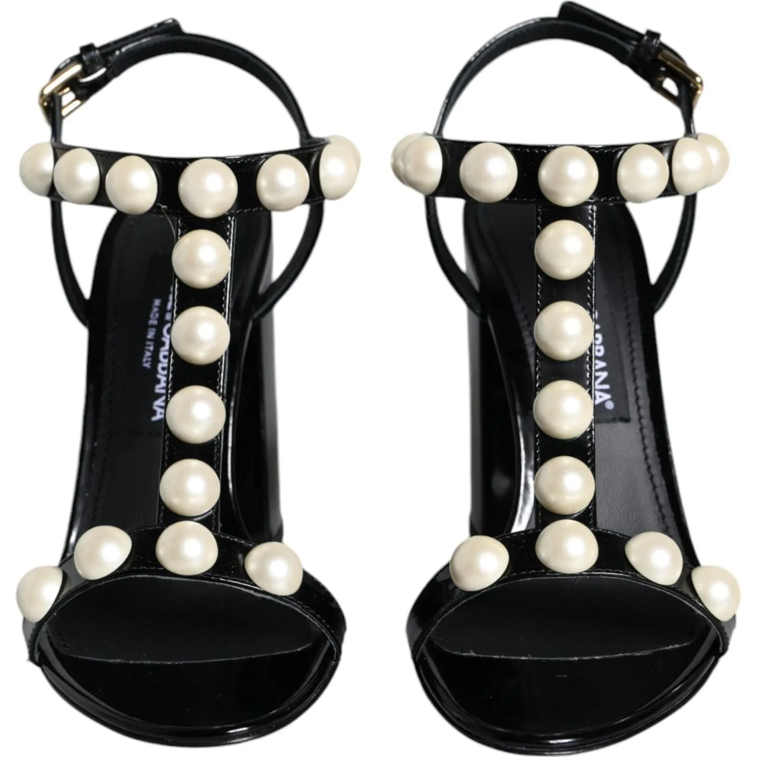 Dolce & Gabbana Black Leather Pearls T-strap Sandals Shoes