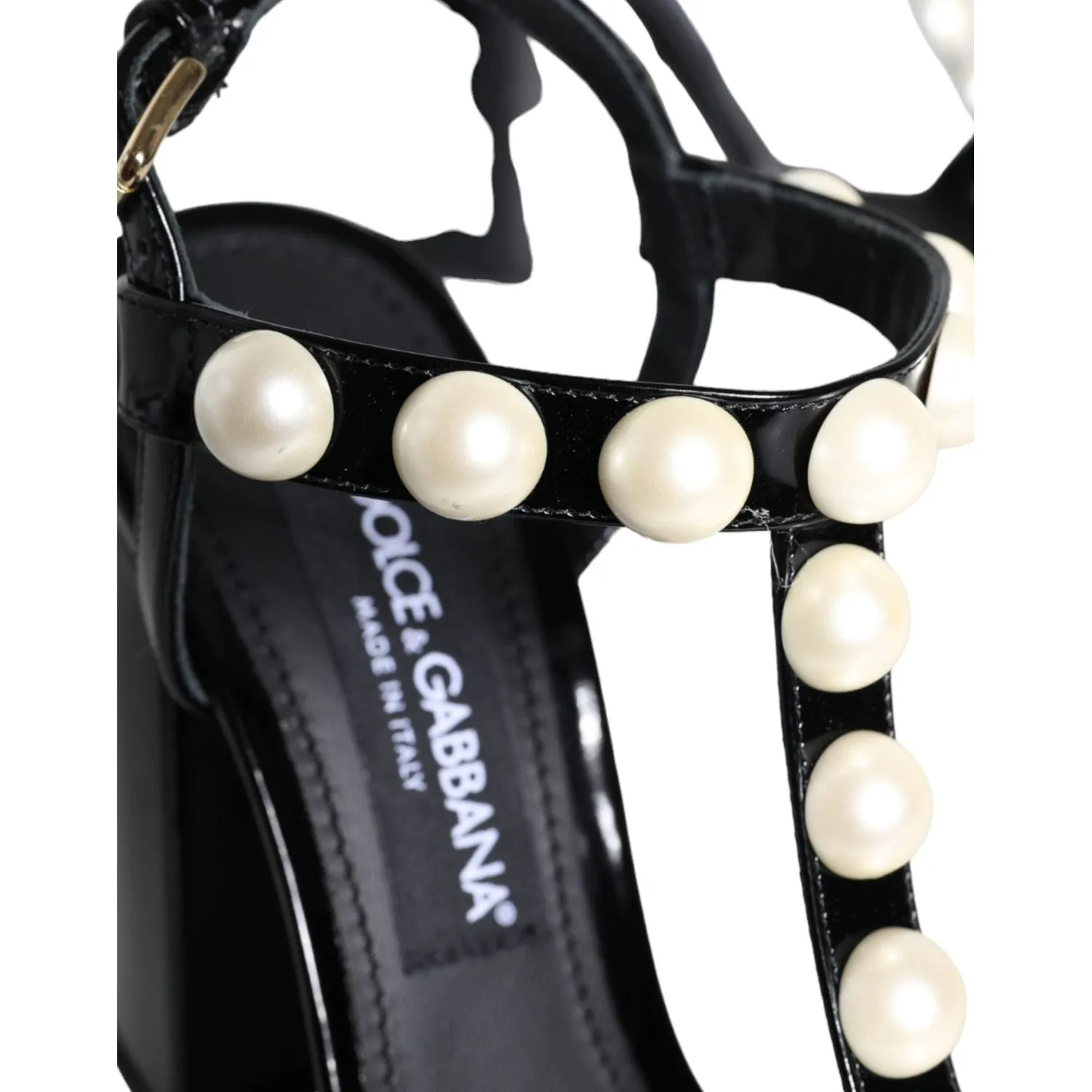 Dolce & Gabbana Black Leather Pearls T-strap Sandals Shoes