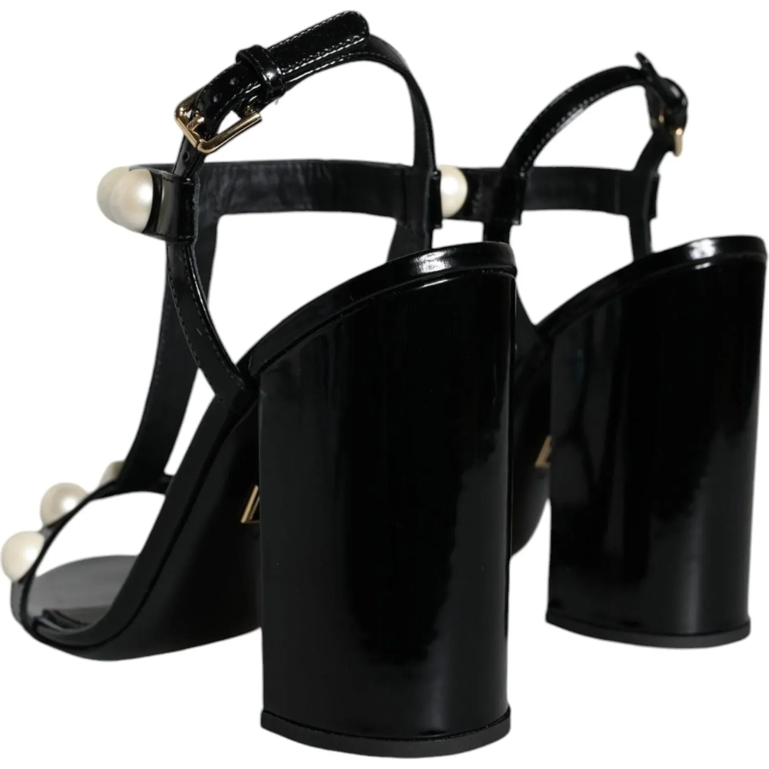 Dolce & Gabbana Black Leather Pearls T-strap Sandals Shoes