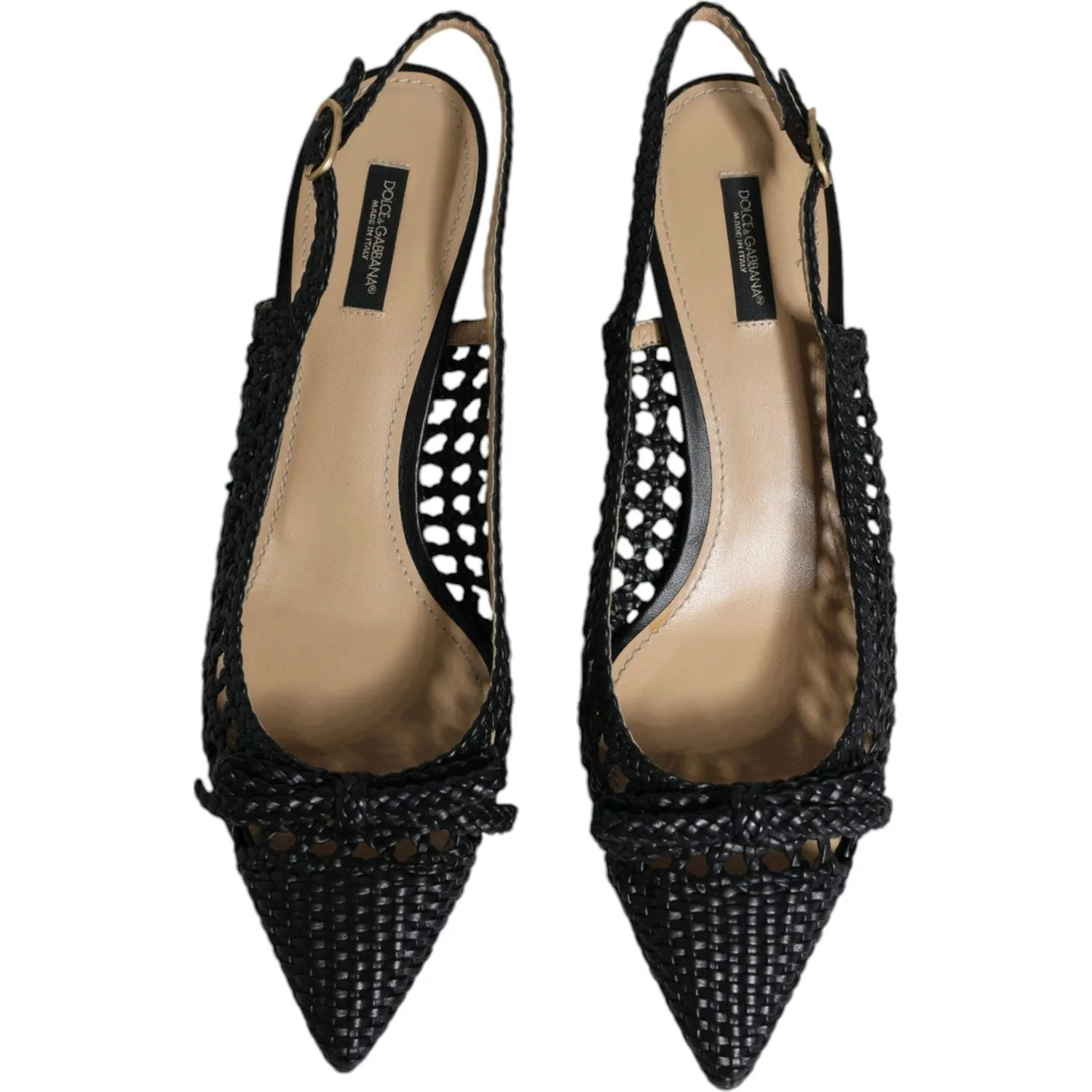 Dolce & Gabbana Black Leather Woven Heels Slingback Shoes