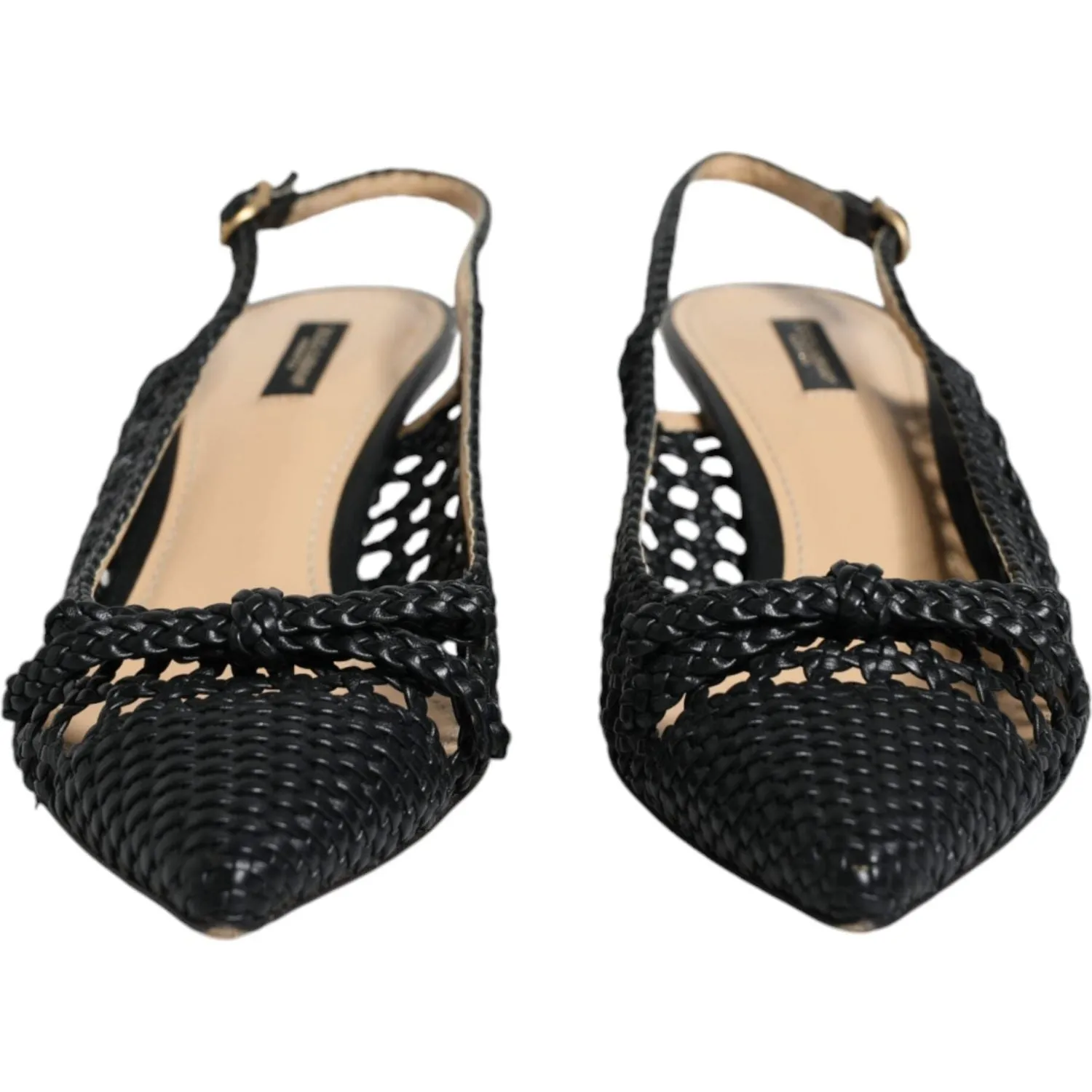 Dolce & Gabbana Black Leather Woven Heels Slingback Shoes