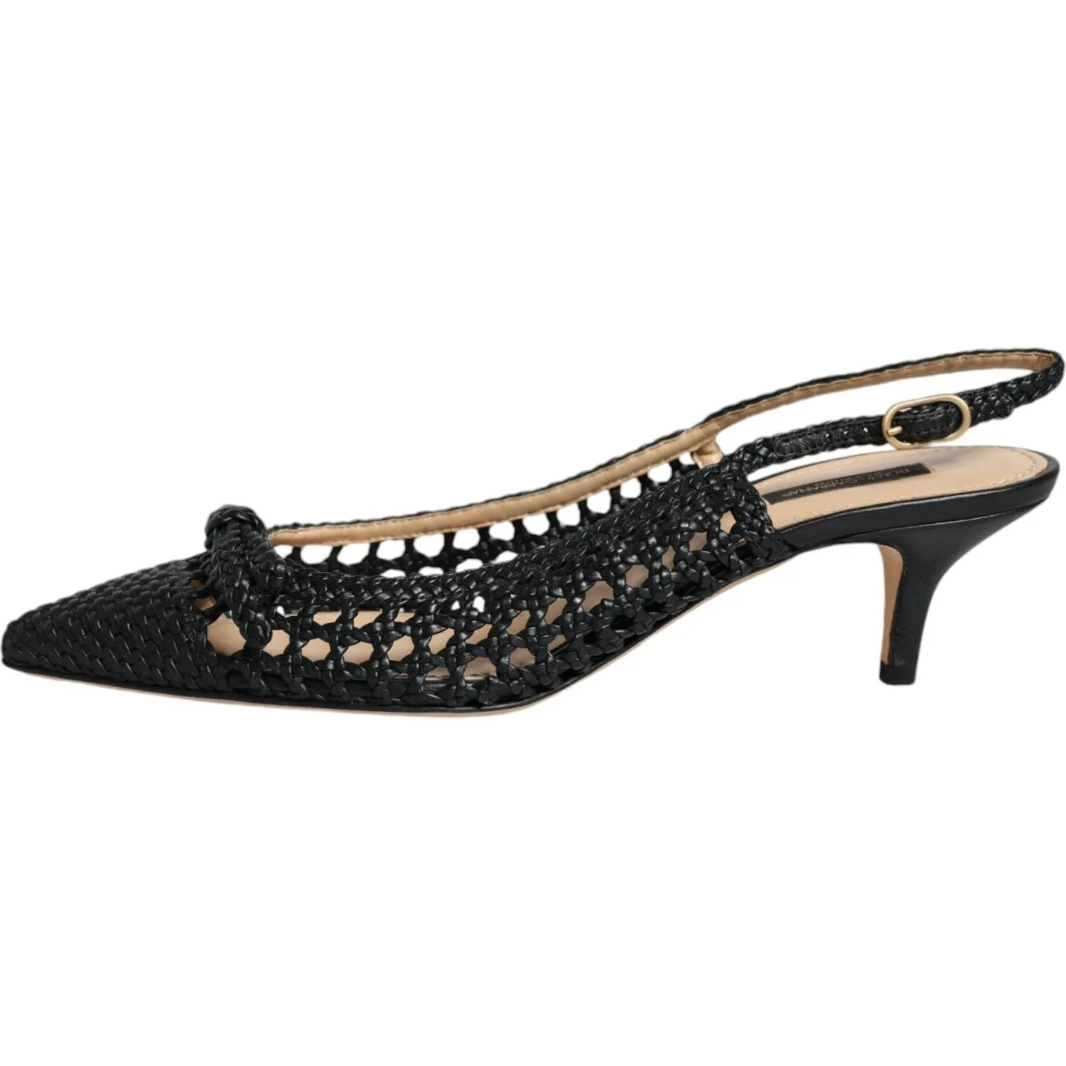 Dolce & Gabbana Black Leather Woven Heels Slingback Shoes