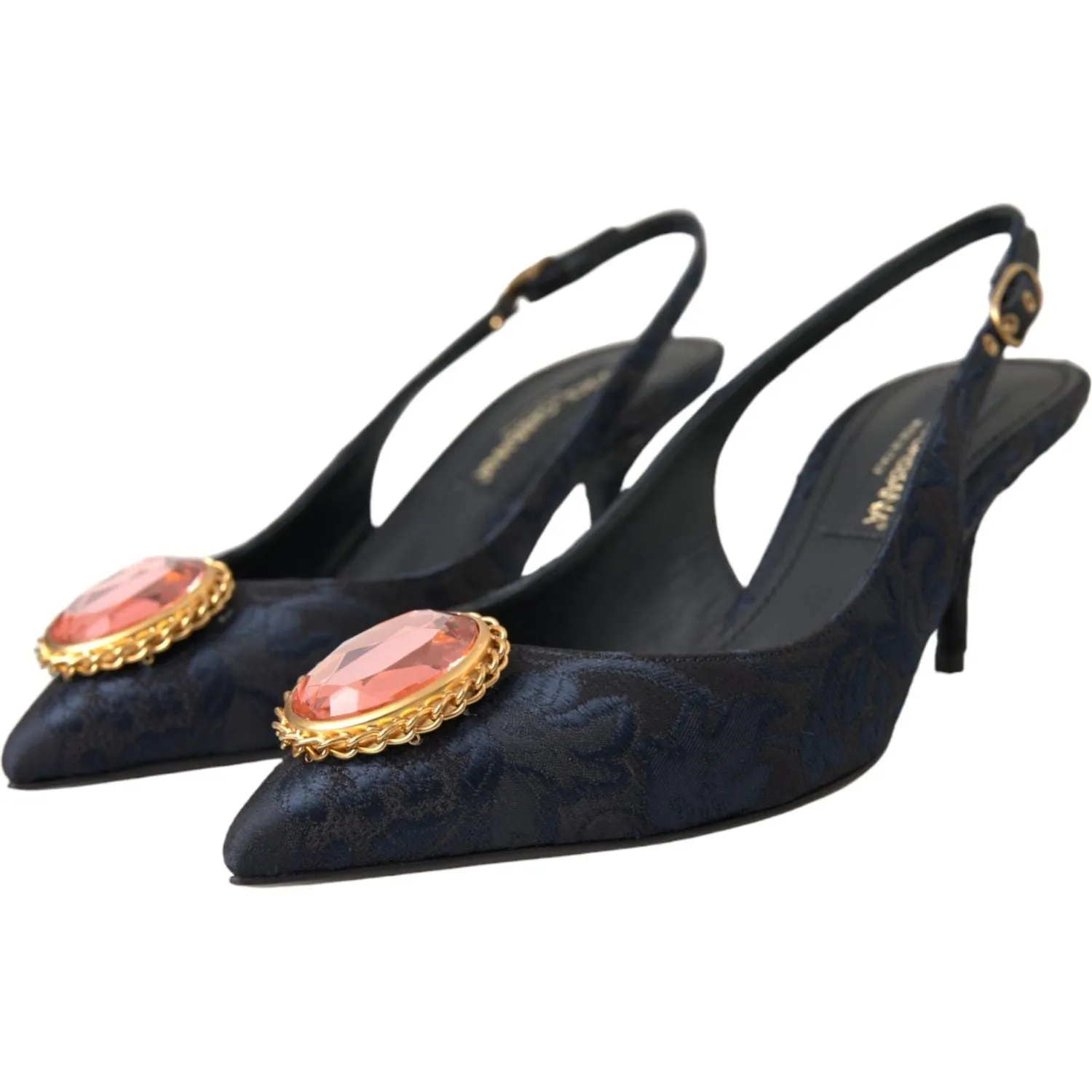 Dolce & Gabbana Blue Jacquard Crystal Slingback Heel Shoes