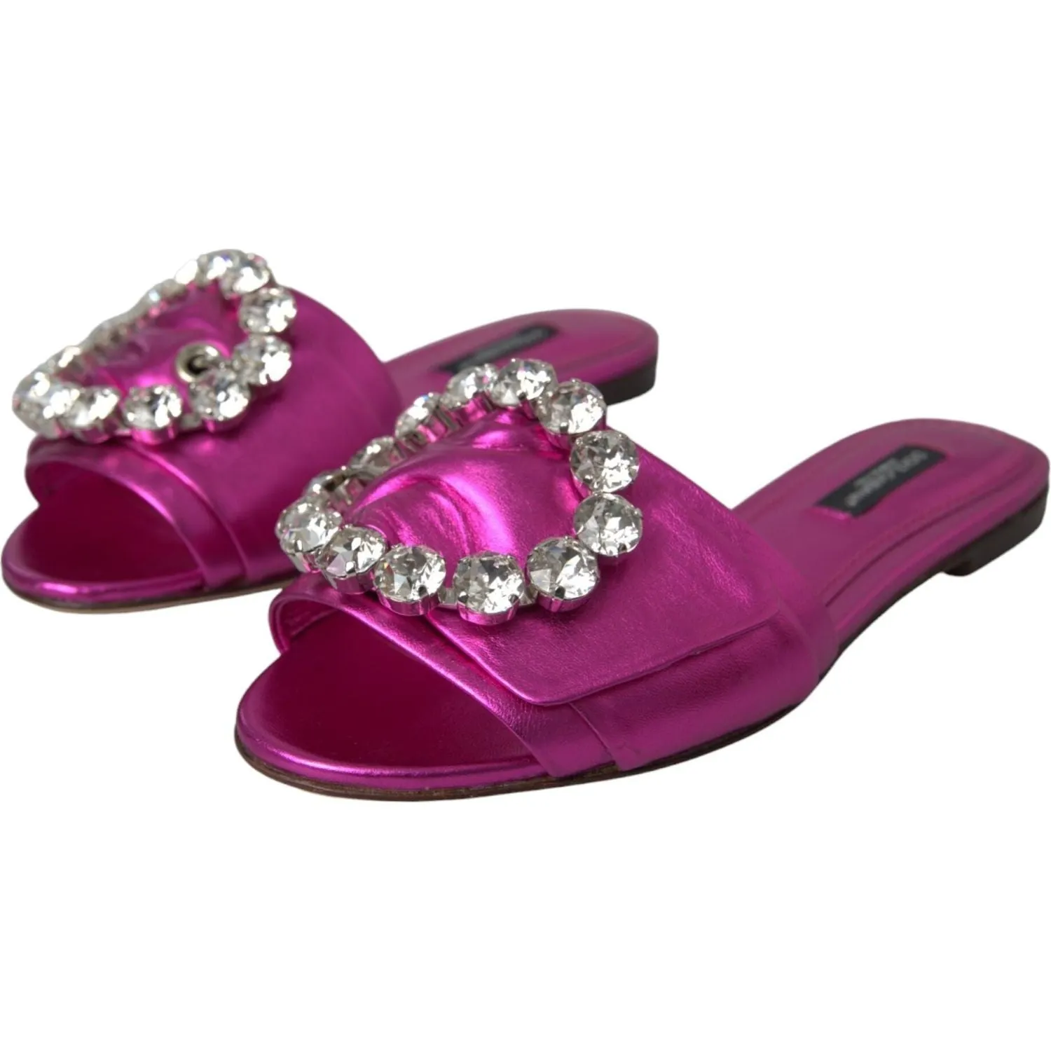 Dolce & Gabbana Fuchsia Crystal Leather Flats Sandals Shoes