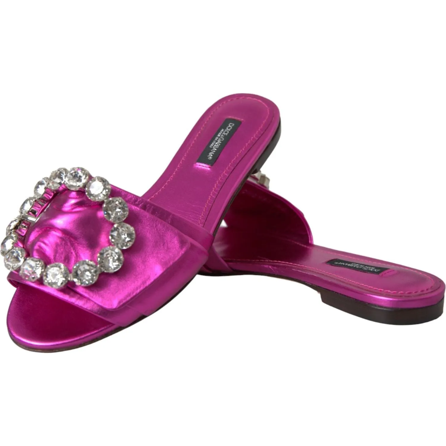 Dolce & Gabbana Fuchsia Crystal Leather Flats Sandals Shoes