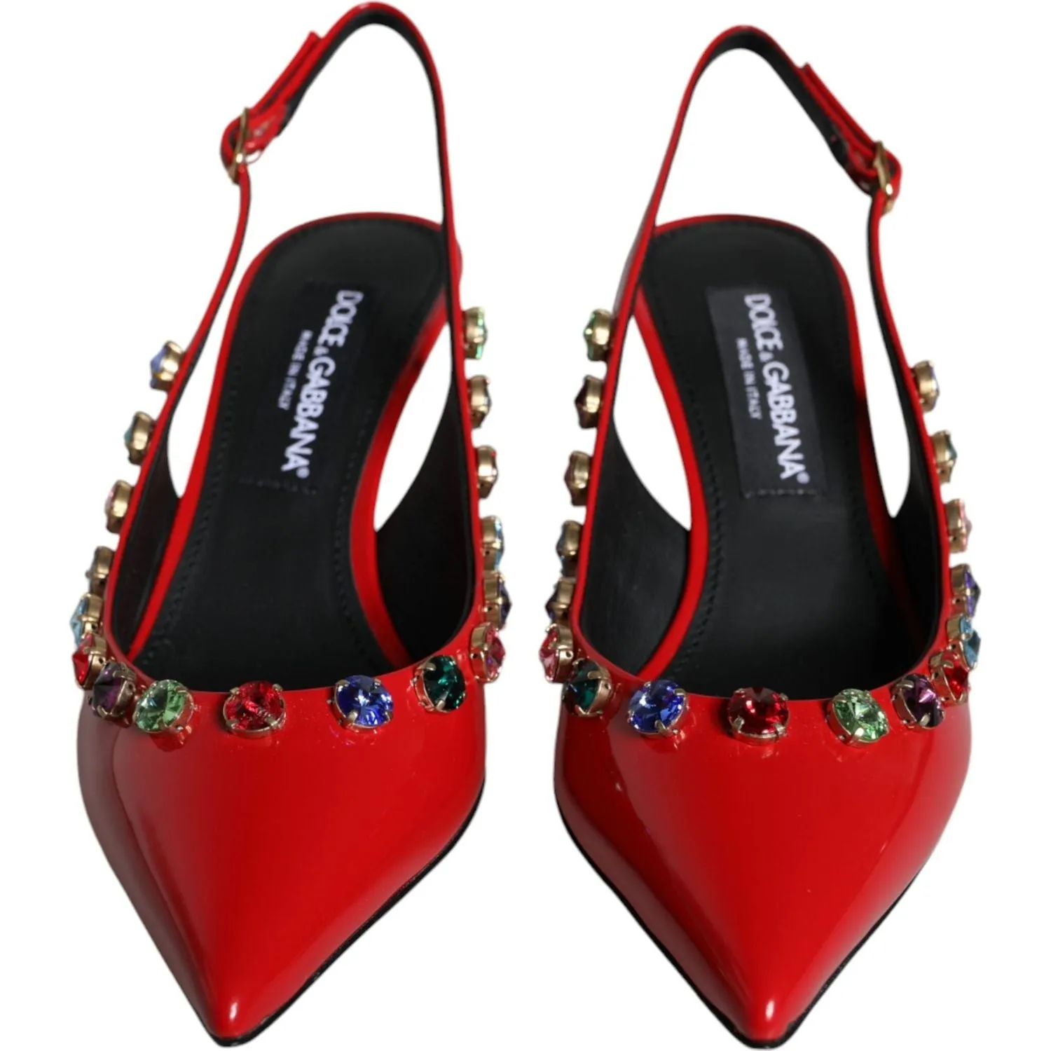 Dolce & Gabbana Red Leather Crystal Heels Slingback Shoes