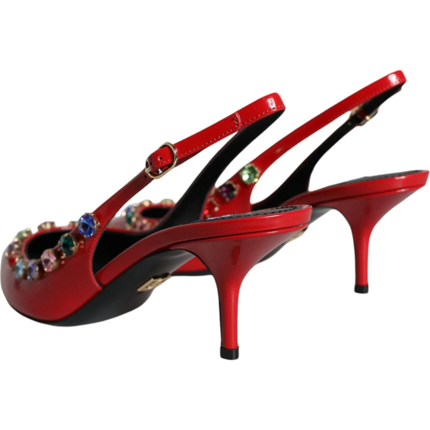 Dolce & Gabbana Red Leather Crystal Heels Slingback Shoes