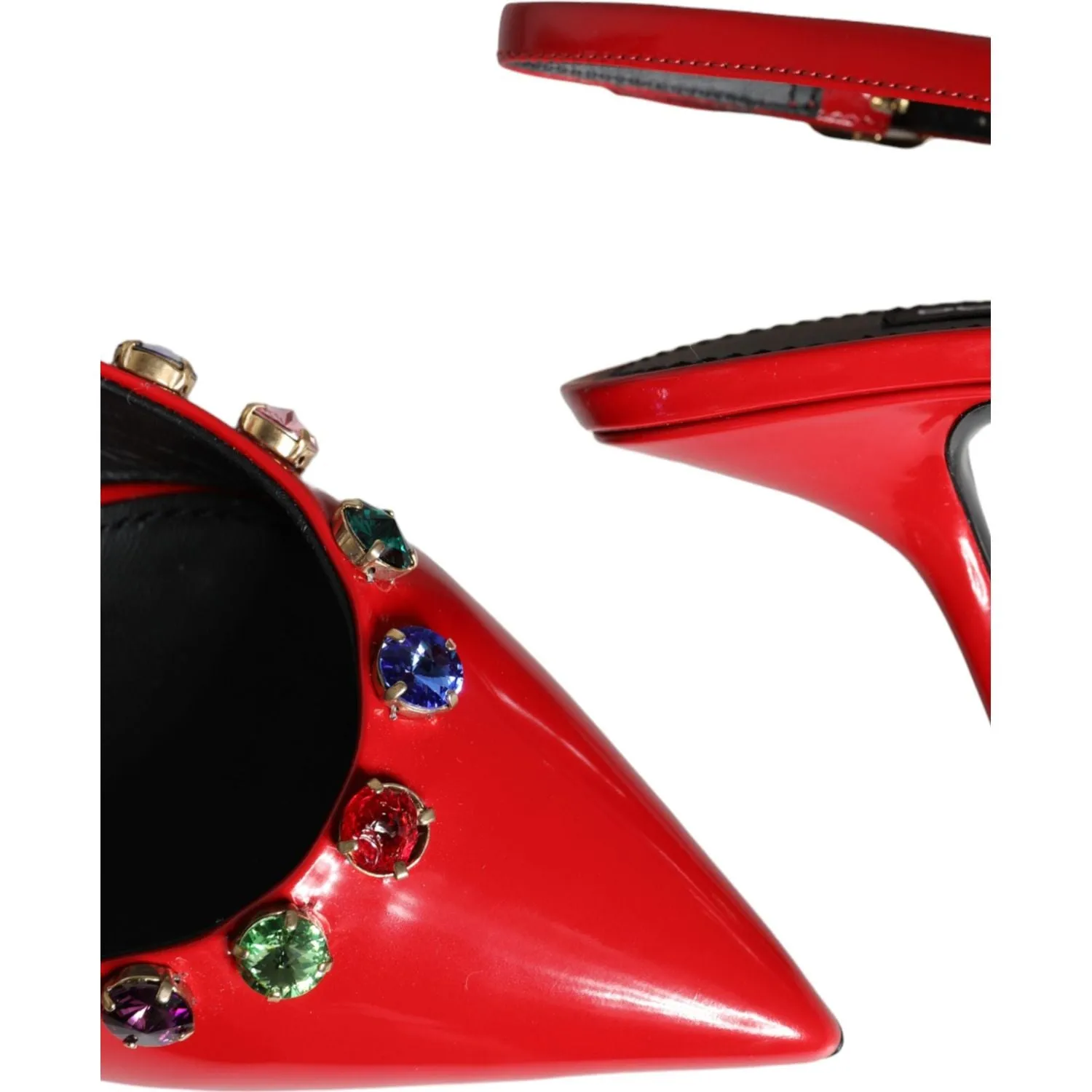 Dolce & Gabbana Red Leather Crystal Heels Slingback Shoes