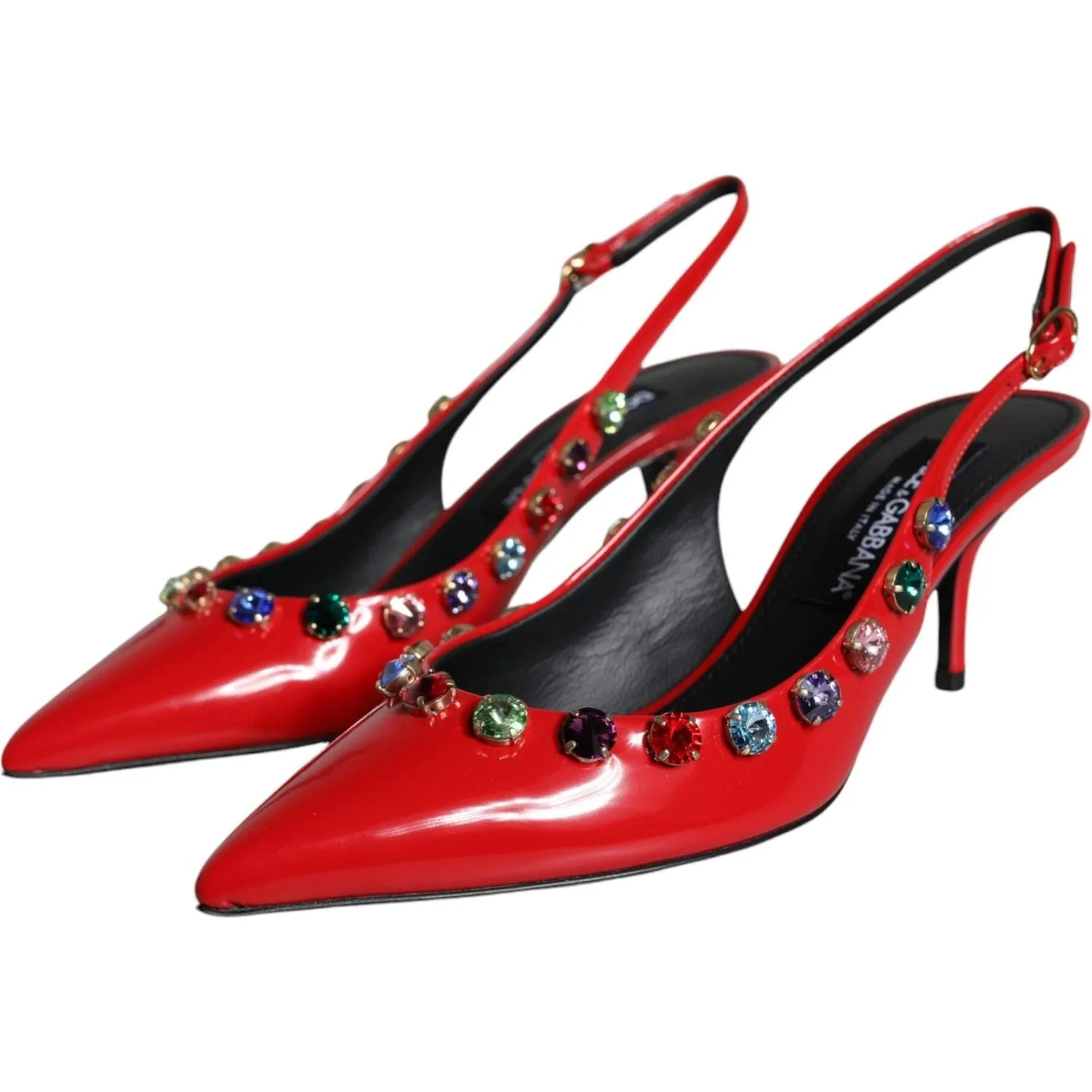 Dolce & Gabbana Red Leather Crystal Heels Slingback Shoes