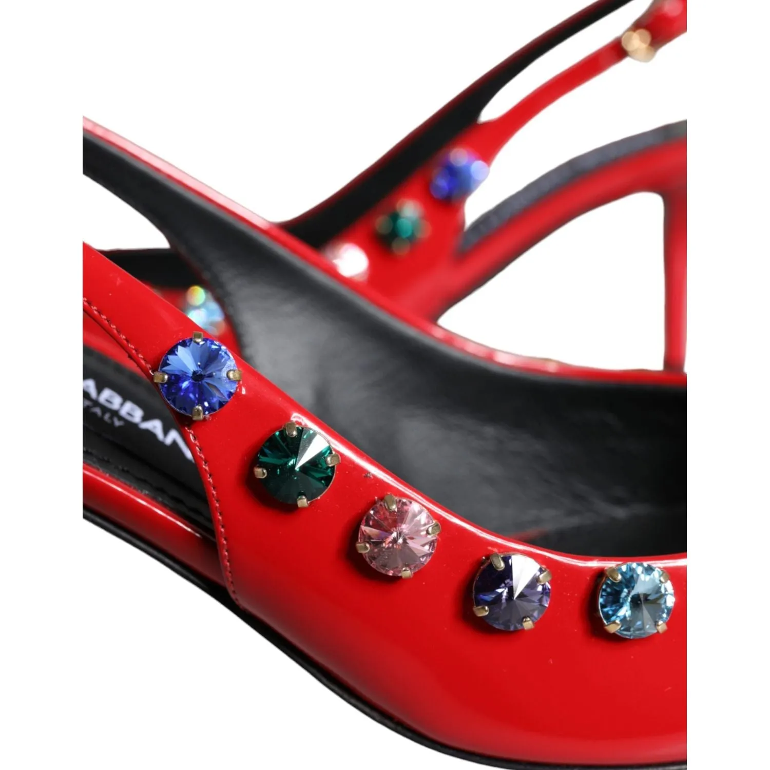 Dolce & Gabbana Red Leather Crystal Heels Slingback Shoes