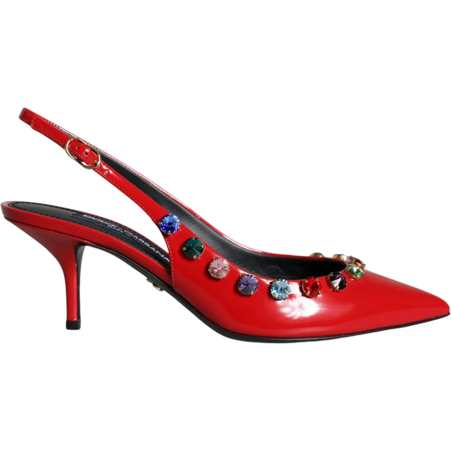 Dolce & Gabbana Red Leather Crystal Heels Slingback Shoes