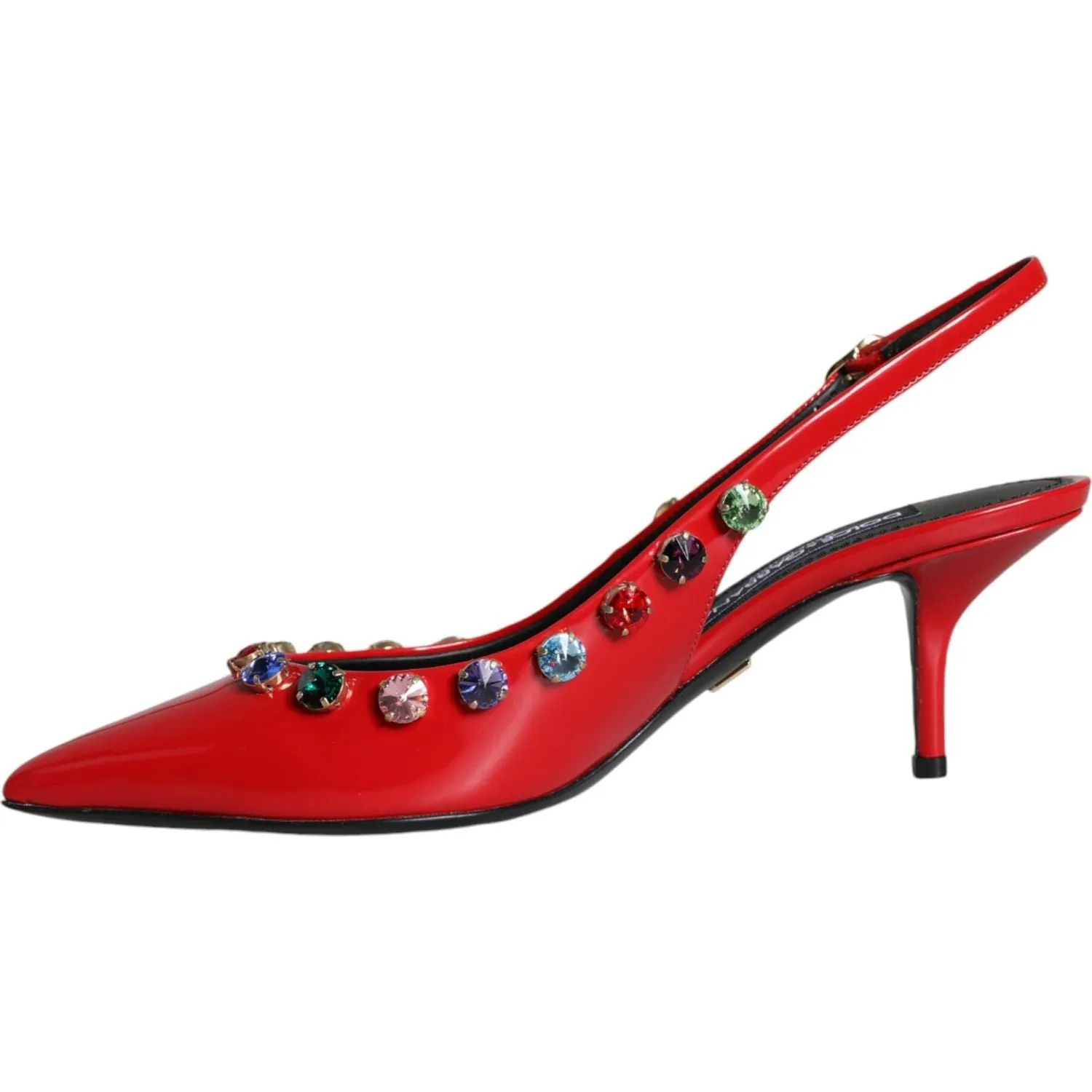 Dolce & Gabbana Red Leather Crystal Heels Slingback Shoes