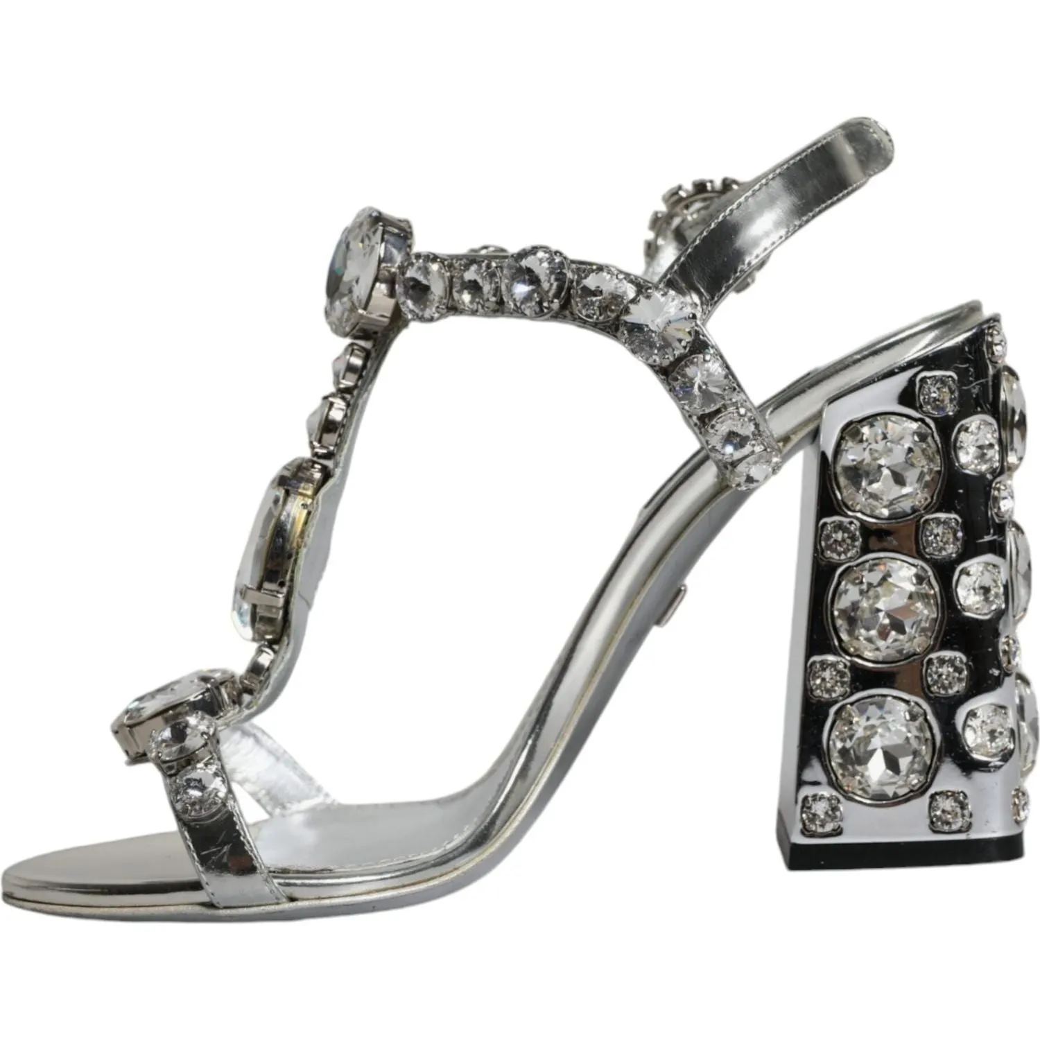 Dolce & Gabbana Silver Leather T-strap Crystal Sandals Shoes