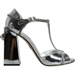 Dolce & Gabbana Silver Leather T-strap Heels Sandals Shoes