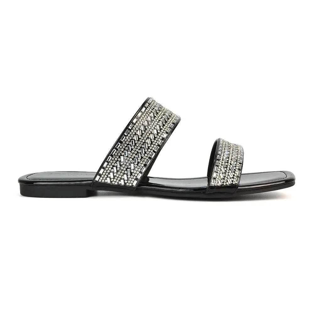 Erica Double Strap Diamante Flat Sandals Rhinestone Sliders in Black Patent