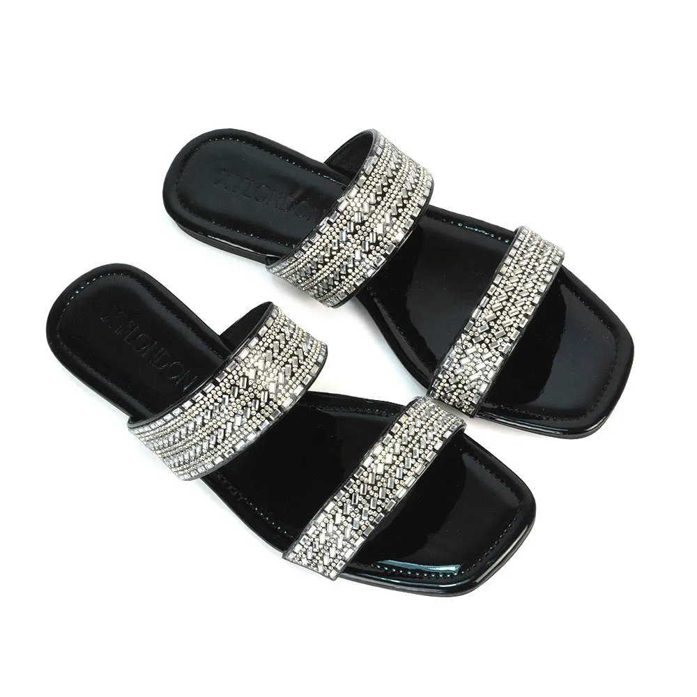 Erica Double Strap Diamante Flat Sandals Rhinestone Sliders in Black Patent