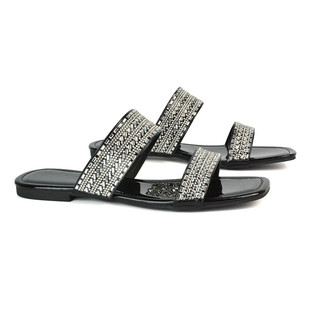 Erica Double Strap Diamante Flat Sandals Rhinestone Sliders in Black Patent